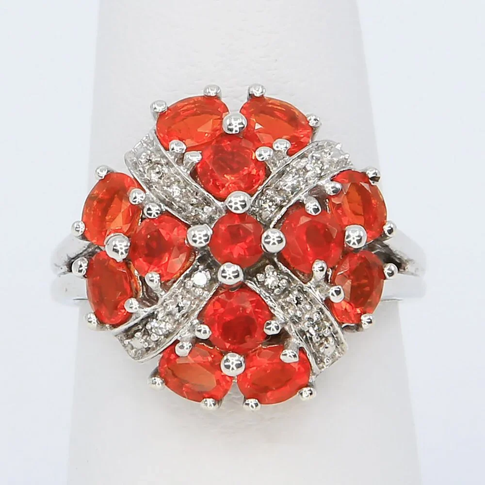 STS 925 India Sterling Silver Orange Fire Opal with Diamonds Cocktail‎ Ring Sz 7